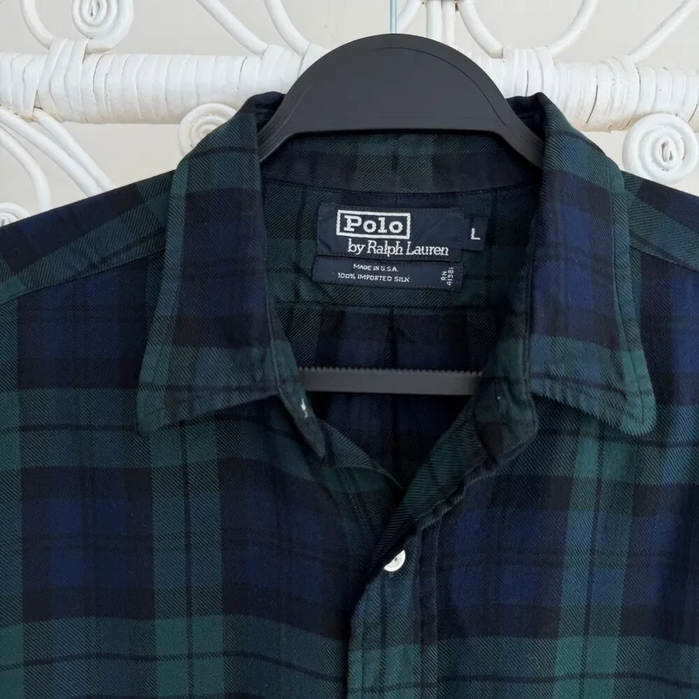 Ralph Lauren Shirt Mens Large Green Blue Tartan Blackwatch Silk Flannel USA Made